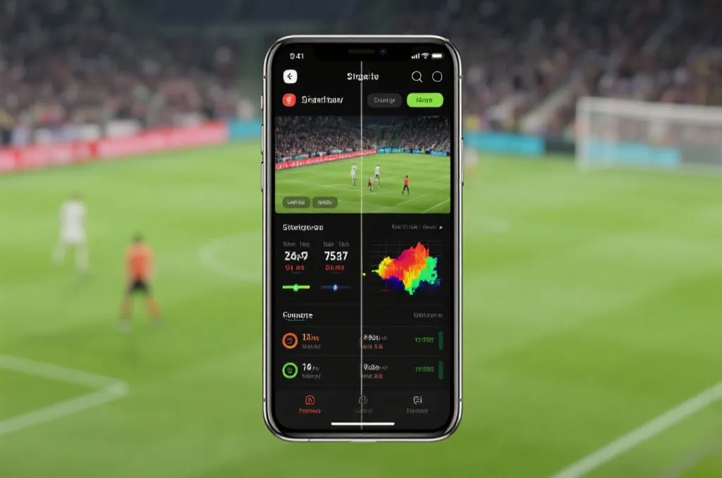 A split-screen visualization showing a live sports streaming layout on a phone with real-time statistics and heatmaps